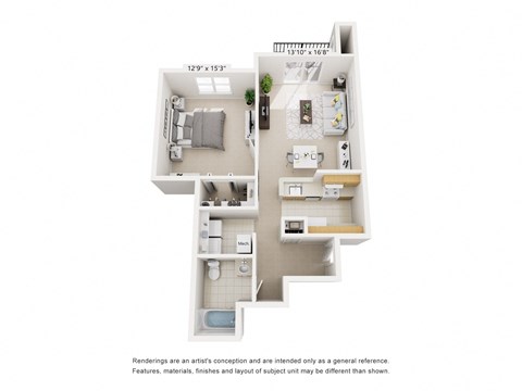 One Bedroom - Melrose Floor Plan at Heatherwood Apartments, Grand Blanc, Michigan